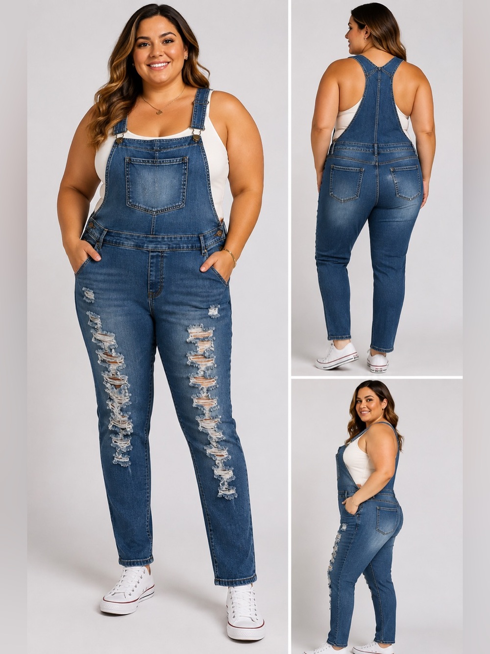 American Bazi 2X Distressed Denim Overalls Ripped Boyfriend Stretch Jeans